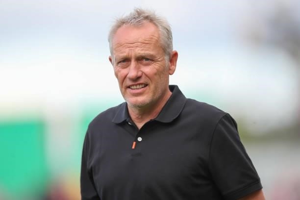 Christian Streich, Head coach of SC Freiburg looks on prior to the DFB Cup first round match between Würzburger Kickers and SC Freiburg at Flyeralarm...