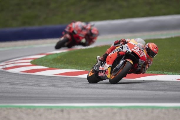Marc Marquez of Spain and Repsol Honda Team rounds the bend during the MotoGP race during the MotoGP of Styria - Race at Red Bull Ring on August 08,...