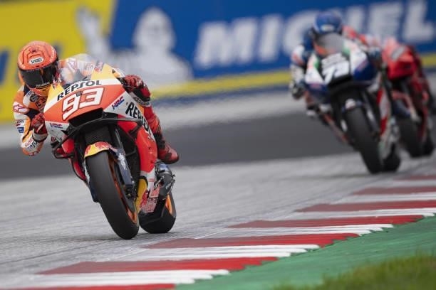 Marc Marquez of Spain and Repsol Honda Team leads the field during the MotoGP race during the MotoGP of Styria - Race at Red Bull Ring on August 08,...