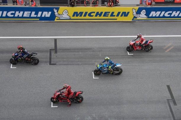 The MotoGP riders prepares to start on the grid during the MotoGP race during the MotoGP of Styria - Race at Red Bull Ring on August 08, 2021 in...