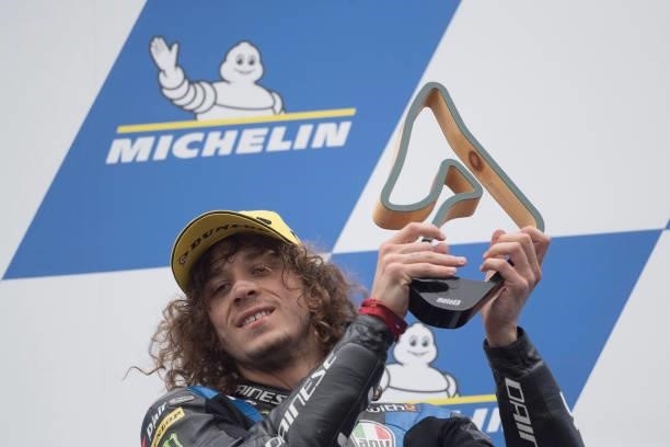 Marco Bezzecchi of Italy and Sky Racing Team VR46 celebrates the victory on the podium at the end of the Moto2 race during the MotoGP of Styria -...