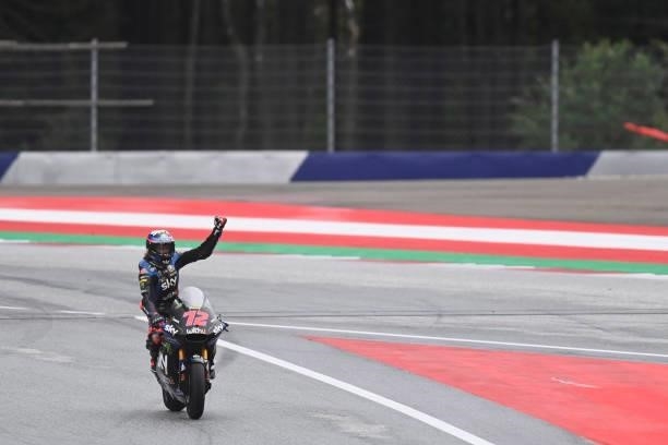 Marco Bezzecchi of Italy and Sky Racing Team VR46 celebrates the victory at the end of the Moto2 race during the MotoGP of Styria - Race at Red Bull...