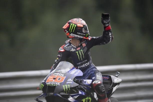 Fabio Quartararo of France and Monster Energy Yamaha MotoGP Team celebrates the third place at the end of the MotoGP race during the MotoGP of Styria...