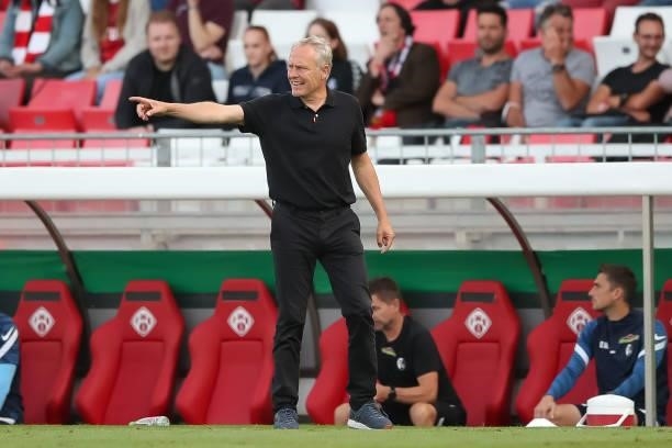 Christian Streich, Head coach of SC Freiburg reacts during the DFB Cup first round match between Würzburger Kickers and SC Freiburg at Flyeralarm...