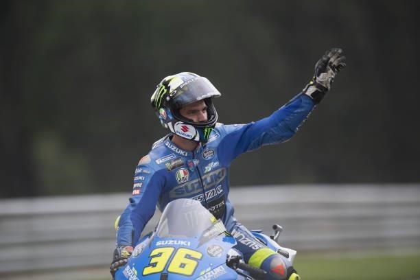 Joan Mir of Spain and Team Suzuki ECSTAR celebrates the second place and greets the fans at the end of the MotoGP race during the MotoGP of Styria -...