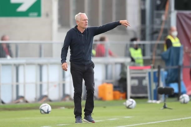 Christian Streich, Head coach of SC Freiburg reacts during the DFB Cup first round match between Würzburger Kickers and SC Freiburg at Flyeralarm...