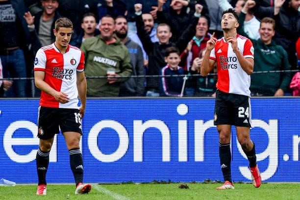 Naoufal Bannis of Feyenoord celebrates after scoring his teams second goal during the Preseason Friendly Match match between Feyenoord and Atletico...
