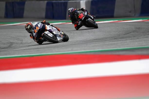 Aron Canet of Spain and Inde Aspar Team leads the field during the Moto2 race during the MotoGP of Styria - Race at Red Bull Ring on August 08, 2021...