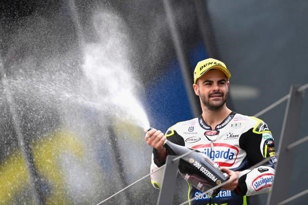 Romano Fenati of Italy and Sterilgarda Max Racing Team celebrates the third place on the podium during the Moto3 race during the MotoGP of Styria -...