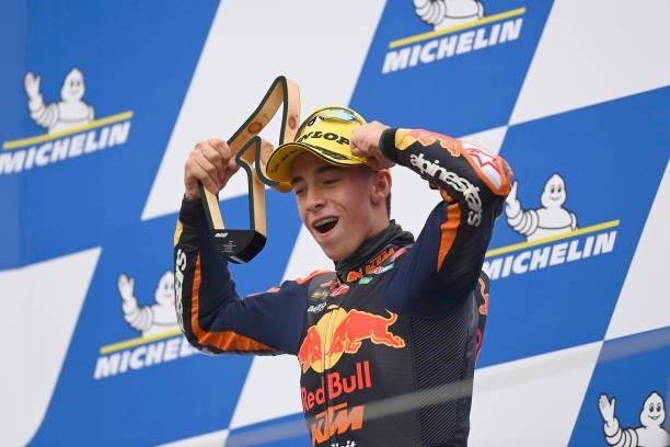 Pedro Acosta of Spain and Red Bull KTM Ajo celebrates the victory on the podium during the Moto3 race during the MotoGP of Styria - Race at Red Bull...