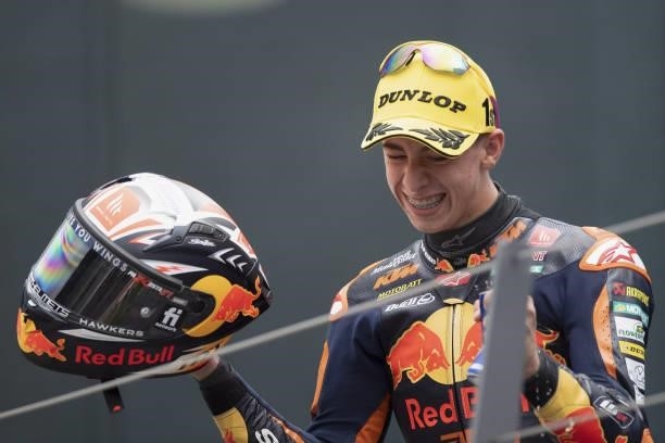 Pedro Acosta of Spain and Red Bull KTM Ajo celebrates the victory on the podium during the Moto3 race during the MotoGP of Styria - Race at Red Bull...