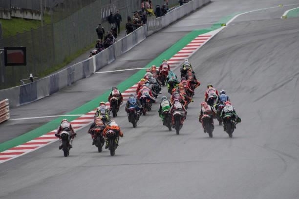 The Moto3 riders start from the grid during the Moto3 race during the MotoGP of Styria - Race at Red Bull Ring on August 08, 2021 in Spielberg,...
