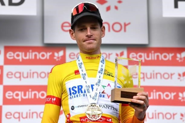 Ben Hermans of Belgium and Team Israel Start-Up Nation Yellow Leader Jersey celebrates at podium as race winner during the 8th Arctic Race Of Norway...