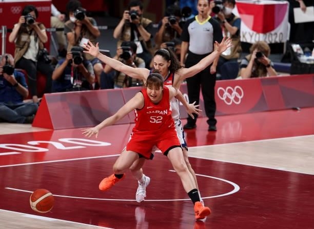 Yuki Miyazawa of Japan, Sue Bird of USA during the Women's Basketball Gold Medal Final between United States and Japan on day sixteen of the Tokyo...