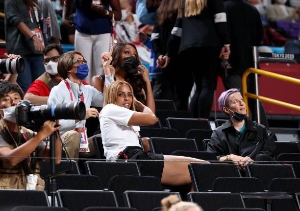 Mary Carillo, Maria Taylor, LaChina Robinson, Megan Rapinoe take a selfie during the Women's Basketball Gold Medal Final between United States and...