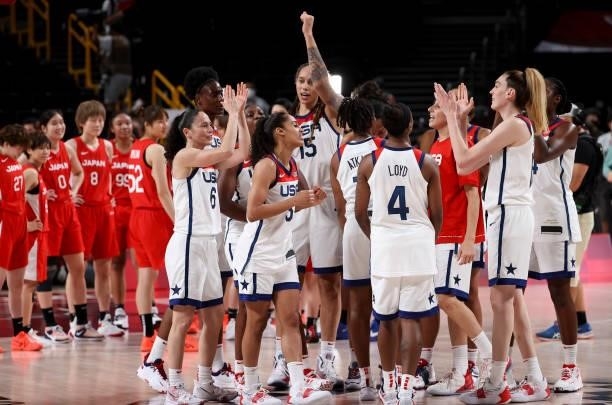 Brittney Griner of USA and teammates celebrate winning the Women's Basketball Gold Medal Final between United States and Japan on day sixteen of the...