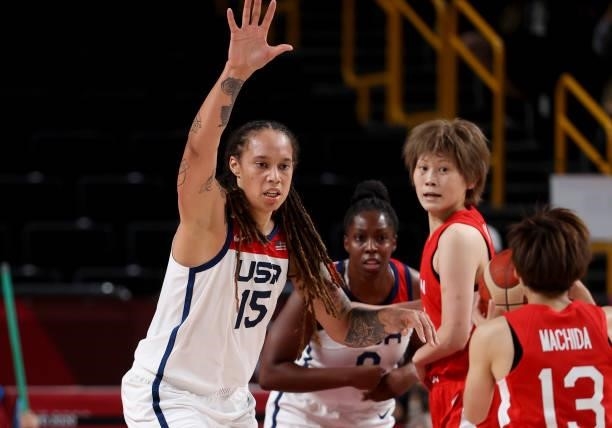 Brittney Griner of USA, Maki Tadaka of Japan during the Women's Basketball Gold Medal Final between United States and Japan on day sixteen of the...