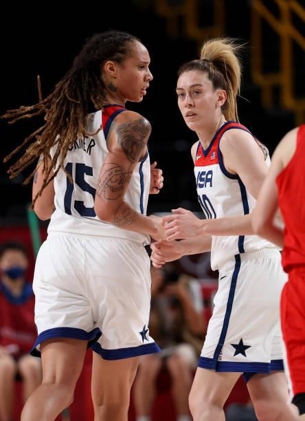 Brittney Griner, Breanna Stewart of USA during the Women's Basketball Gold Medal Final between United States and Japan on day sixteen of the Tokyo...