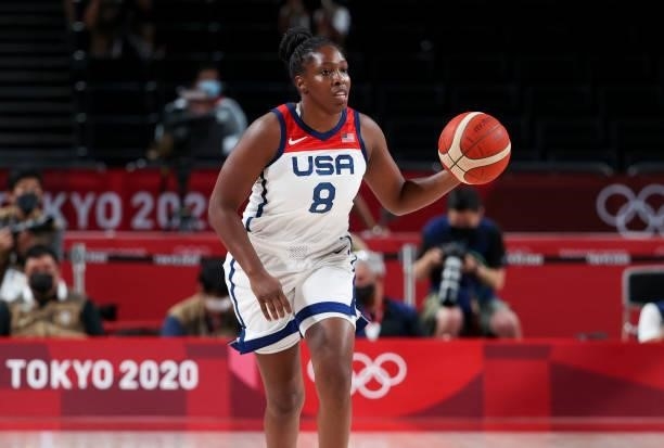 Chelsea Gray of USA during the Women's Basketball Gold Medal Final between United States and Japan on day sixteen of the Tokyo 2020 Olympic Games at...