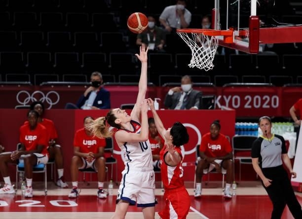 Breanna Stewart of USA, Himawari Akaho of Japan during the Women's Basketball Gold Medal Final between United States and Japan on day sixteen of the...