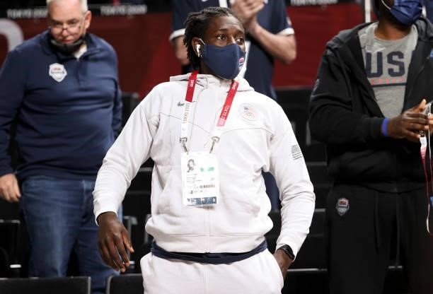 Jrue Holiday of USA attends the Women's Basketball Gold Medal Final between United States and Japan on day sixteen of the Tokyo 2020 Olympic Games at...