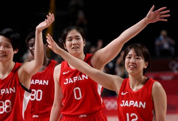 Silver Medalist Moeko Nagaoka of Japan celebrates following the Women's Basketball Gold Medal Final between United States and Japan on day sixteen of...