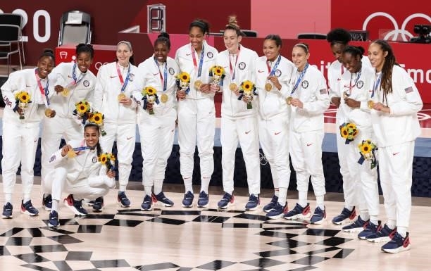Team USA celebrate during the medal ceremony of the Women's Basketball Gold Medal Final between United States and Japan on day sixteen of the Tokyo...