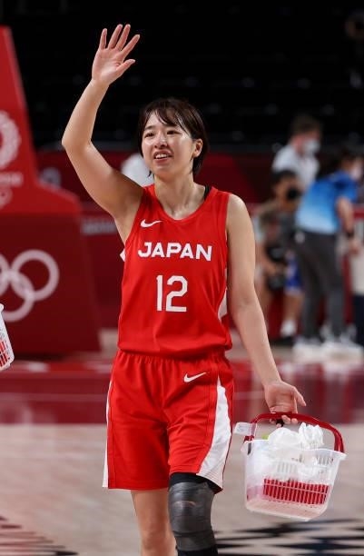 Silver Medalist Naho Miyoshi of Japan celebrates following the Women's Basketball Gold Medal Final between United States and Japan on day sixteen of...