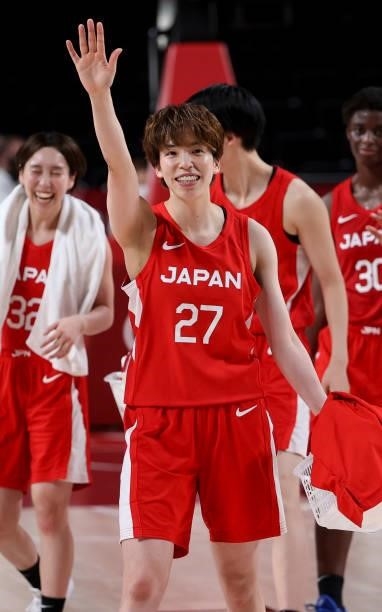 Silver Medalist Saki Hayashi of Japan celebrates following the Women's Basketball Gold Medal Final between United States and Japan on day sixteen of...