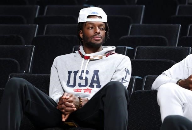 Jerami Grant of USA attends the Women's Basketball Gold Medal Final between United States and Japan on day sixteen of the Tokyo 2020 Olympic Games at...