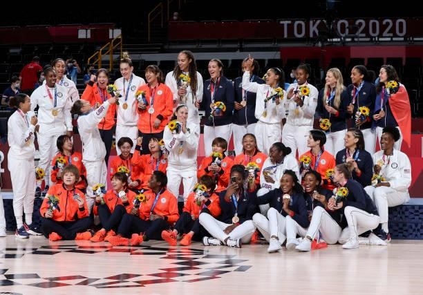 Gold Medalists of USA, Silver Medalists of Japan, Bronze Medalists of France pose together during the medal ceremony of the Women's Basketball Gold...