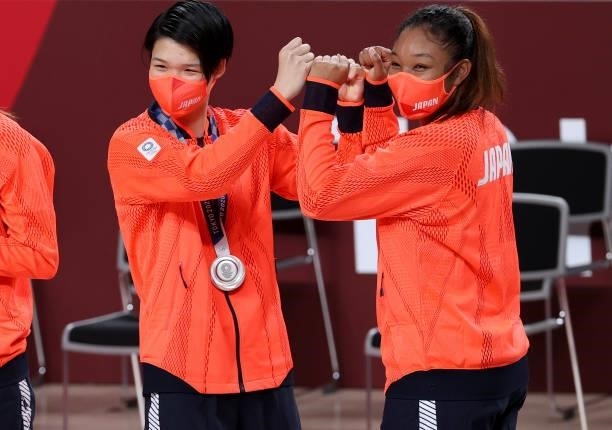 Silver Medalist Himawari Akaho, Monica Okoye during the medal ceremony of the Women's Basketball Gold Medal Final between United States and Japan on...