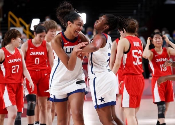 U2019ja Wilson, Ariel Atkins of USA celebrate winning the Women's Basketball Gold Medal Final between United States and Japan on day sixteen of the...