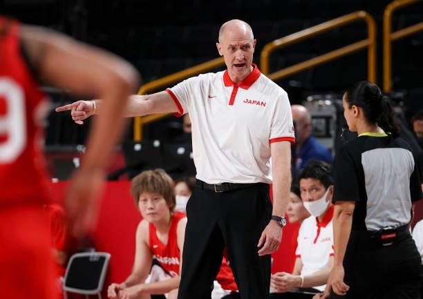 Coach of Japan Tom Hovasse during the Women's Basketball Gold Medal Final between United States and Japan on day sixteen of the Tokyo 2020 Olympic...