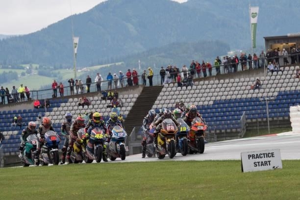 The Moto2 riders tets the start during the Moto2 wurm up during the MotoGP of Styria - Race at Red Bull Ring on August 08, 2021 in Spielberg, Austria.