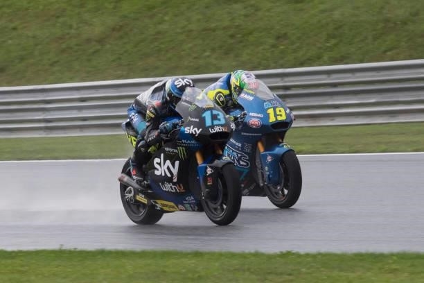 Celestino Vietti Ramus of Italy and Sky Racing Team VR46 leads Lorenzo Dalla Porta of Italy and Italtrans Racing Team during the Moto2 wurm up during...