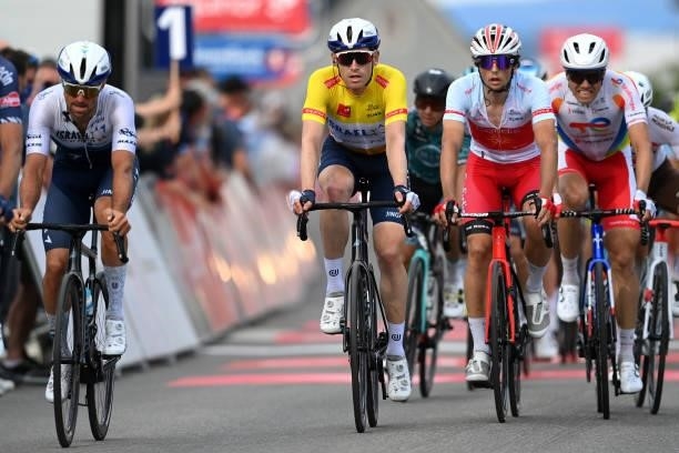 Ben Hermans of Belgium and Team Israel Start-Up Nation Yellow Leader Jersey, Victor Lafay of France and Team Cofidis White Best Young Rider Jersey &...