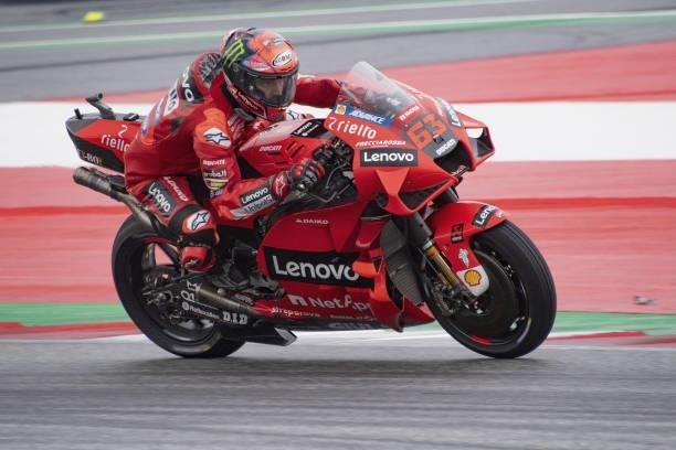 Francesco Bagnaia of Italy and Ducati Lenovo Team heads down a straight during the MotoGP wurm up during the MotoGP of Styria - Race at Red Bull Ring...