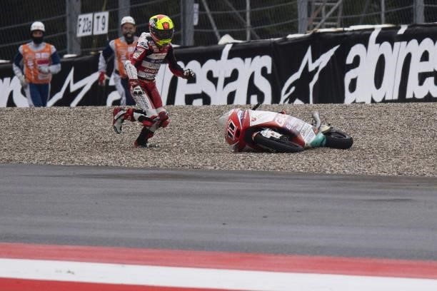 Sergio Garcia of Spain and Aspar Team Moto3 crashed out during the Moto3 race during the MotoGP of Styria - Race at Red Bull Ring on August 08, 2021...