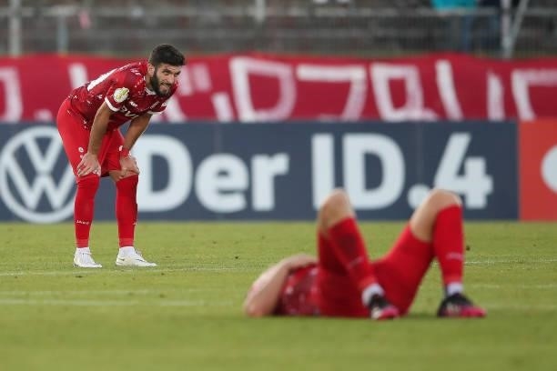Fanol Perdedaj of Wuerzburger Kickers reacts disappointed after the DFB Cup first round match between Würzburger Kickers and SC Freiburg at...