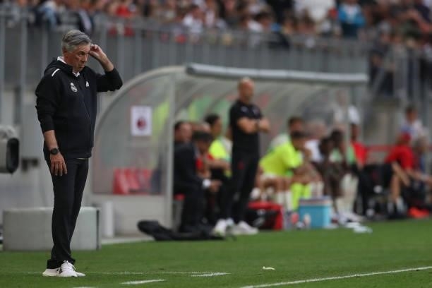 Carlo Ancelotti Head coach of Real Madrid reacts during the Pre-season friendly match between Real Madrid and AC Milan at Worthersee Stadion on...