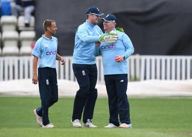 Dan Bowser of England celebrates catching out Ali Layard of England during the England Disability T20 at New Road on August 08, 2021 in Worcester,...