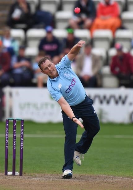 Martin Henderson of England bowls during the England Disability T20 match at New Road on August 08, 2021 in Worcester, England.