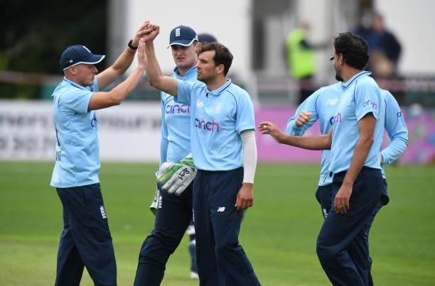 Tayler Young of England celebrates taking a wicket during the England Disability T20 match at New Road on August 08, 2021 in Worcester, England.