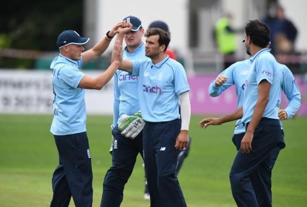 Tayler Young of England celebrates taking a wicket during the England Disability T20 match at New Road on August 08, 2021 in Worcester, England.
