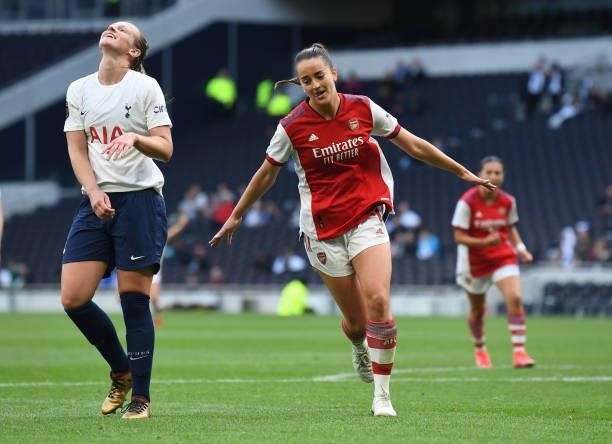 Anna Patten celebrates scoring Arsenal's 3rd goal during the MIND series match between Tottenham Hotspur and Arsenal at Tottenham Stadium on August...