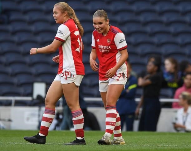 Alex Hennessy celebrates scoring Arsenal's 4th goal, her 2nd, during the MIND series match between Tottenham Hotspur and Arsenal at Tottenham Stadium...
