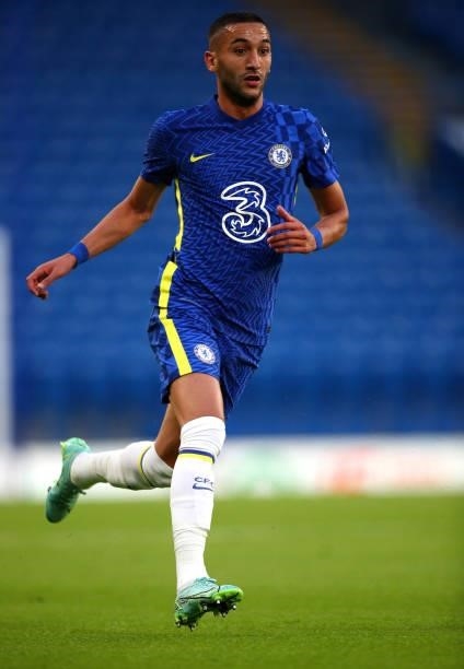 Hakim Ziyech of Chelsea in action during the Pre-Season Friendly match between Chelsea and Tottenham Hotspur at Stamford Bridge on August 04, 2021 in...