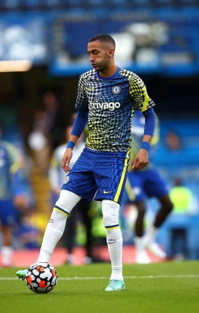 Hakim Ziyech of Chelsea warming up during the Pre-Season Friendly match between Chelsea and Tottenham Hotspur at Stamford Bridge on August 04, 2021...