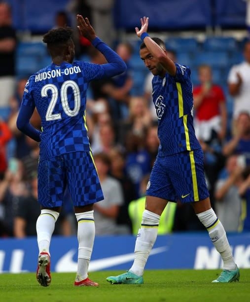Hakim Ziyech of Chelsea is congratulated after scoring their first goal by Callum Hudson-Odoi of Chelsea during the Pre-Season Friendly match between...